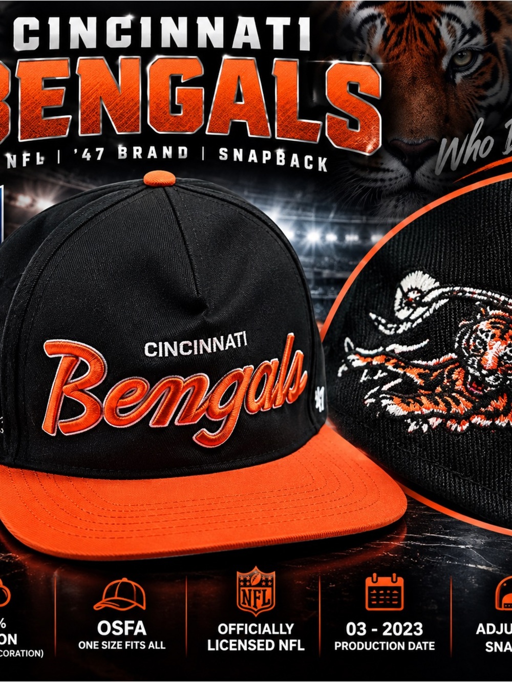 '47 Cincinnati Bengals Black and Orange Snapback Hat
